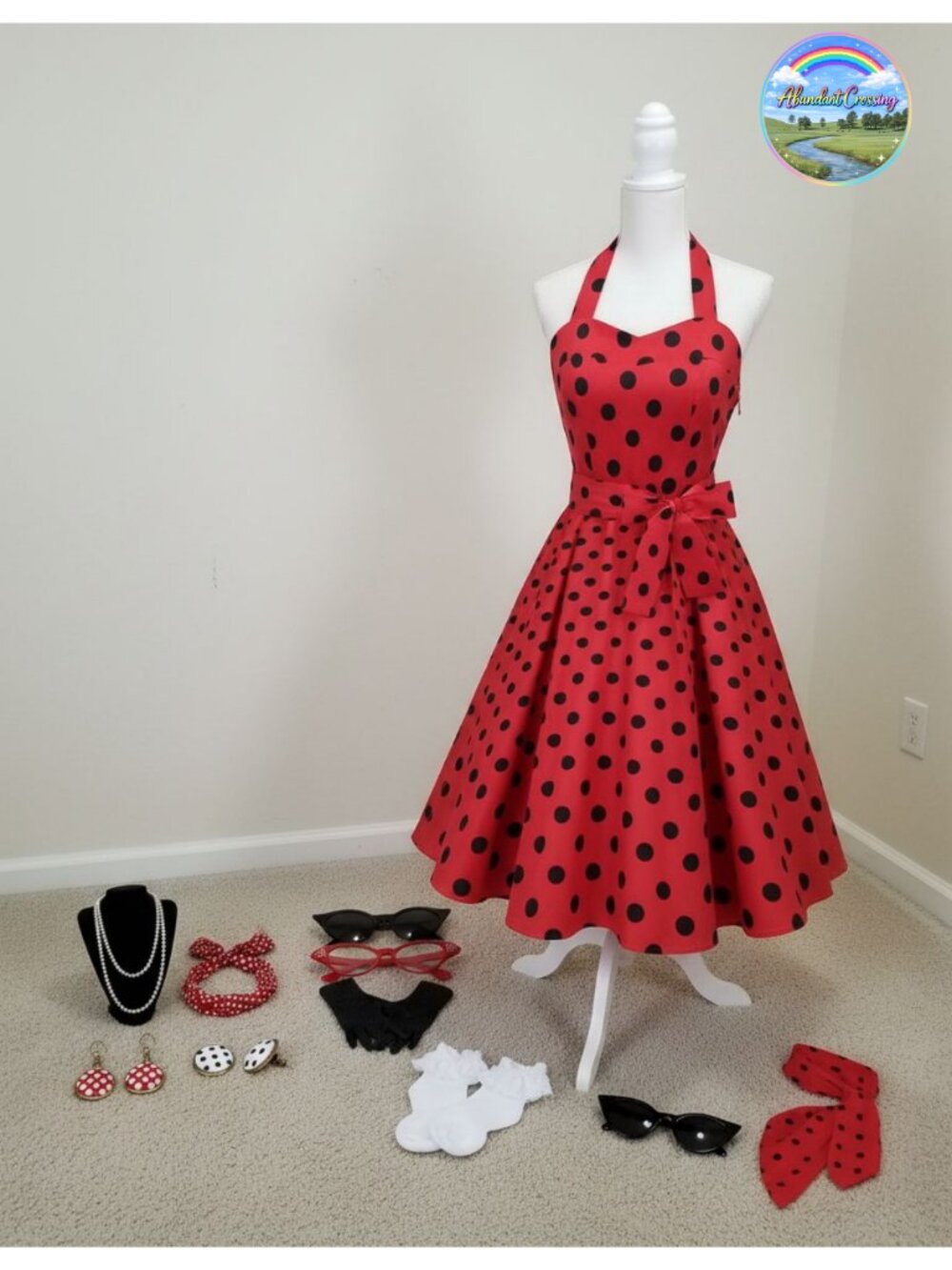 1950s Polka Dot Swing Dress Set Retro Outfit with Accessories